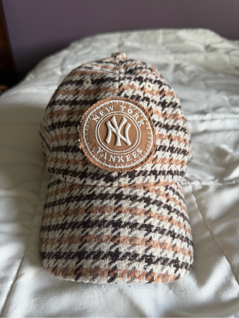 Anthropologie Houndstooth Plaid Baseball Cap in Tan, Cream & Brown